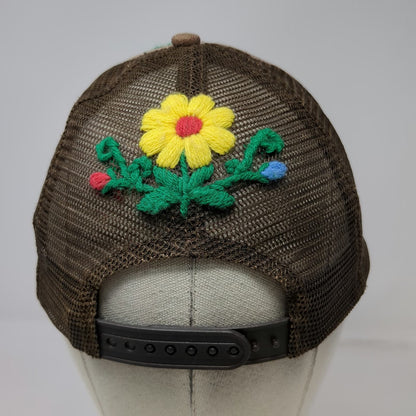 Brown Trucker Hat One Size Floral Embroidery Mesh Snapback Flower Burlap Style