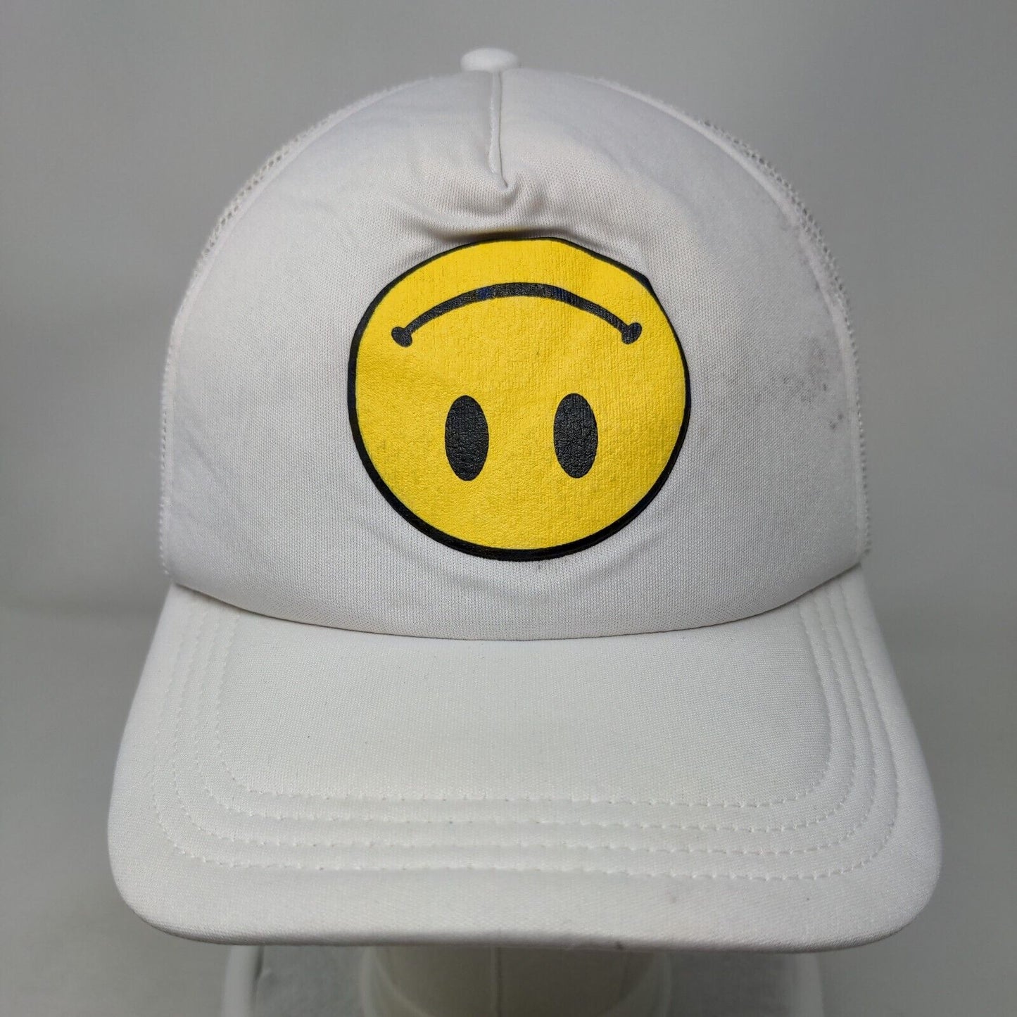 Upside Down Smiley Emoji Snapback Mesh Back Trucker Hat White One Size