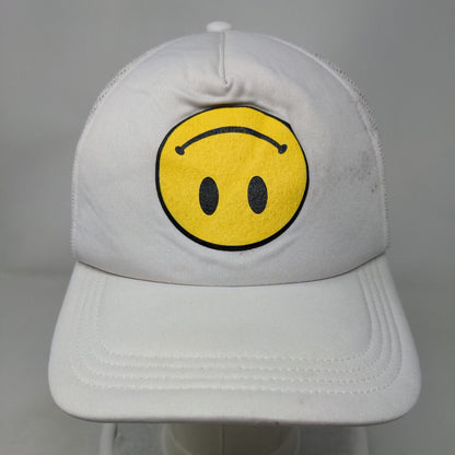 Upside Down Smiley Emoji Snapback Mesh Back Trucker Hat White One Size
