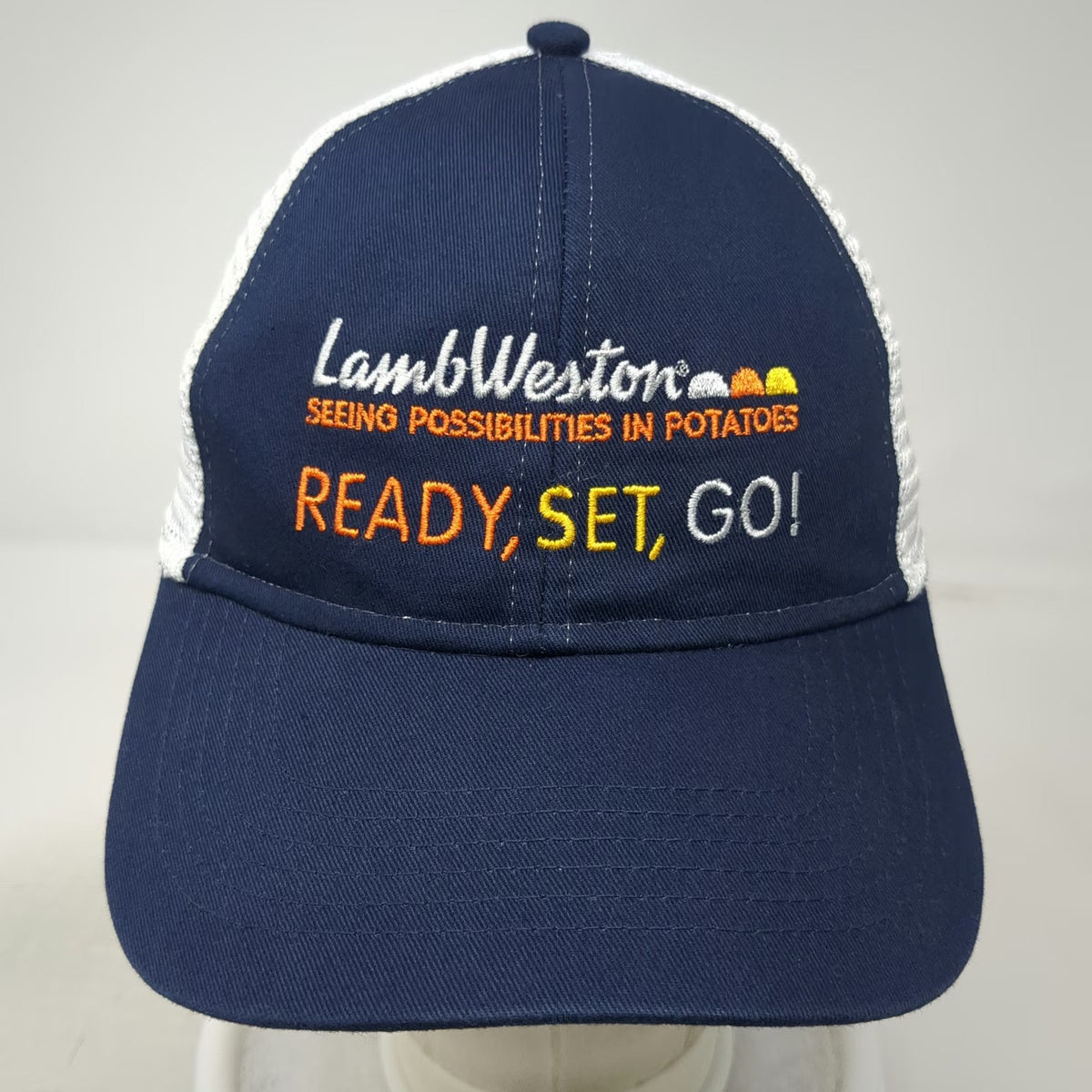 Cap America Trucker Hat Blue One Size Lamb Weston Potato Slogan Mesh Snapback