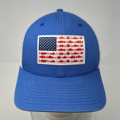 Columbia PFG Fitted Mesh Back Trucker Hat Blue S/M USA Fish Flag Patch