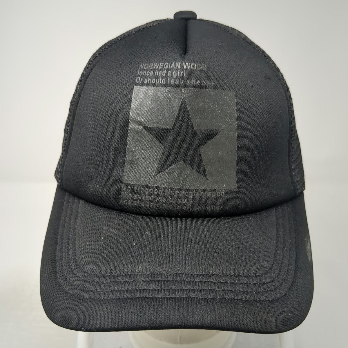 Black One Size Trucker Hat Star Norwegian Wood Lyrics Graphic Mesh Foam Front