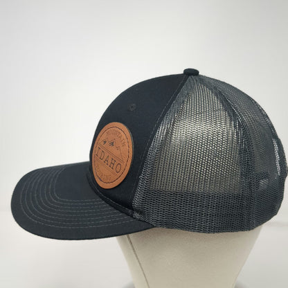 Port Authority Trucker Hat Black One Size Leather Patch Mountain Idaho Snapback