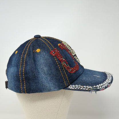 USA Slideback Baseball Cap Blue One Size Adjustable Rhinestone Distressed Denim