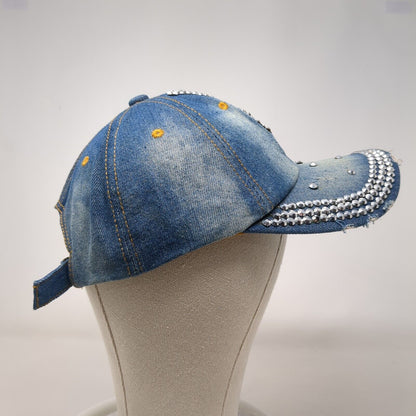 Rhinestone Bling Slideback Hat Blue One Size Adjustable Denim Studded