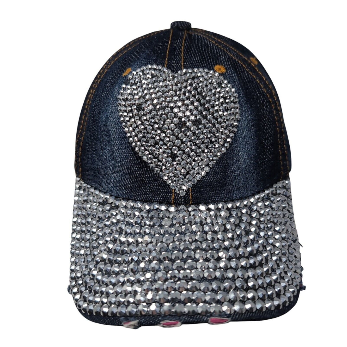 Heart Bling Rhinestone Strapback Hat Blue One Size Adjustable Distressed Denim