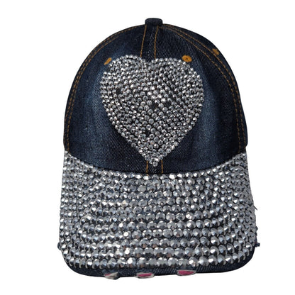 Heart Bling Rhinestone Strapback Hat Blue One Size Adjustable Distressed Denim