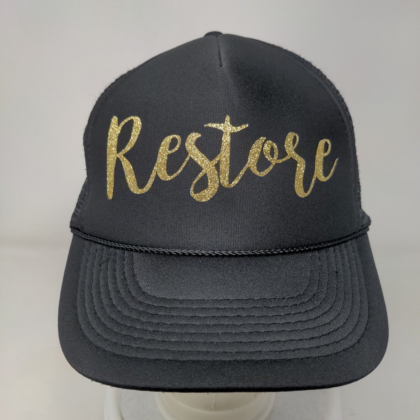 Restore Snapback Trucker Hat Black OSFM Adjustable Mesh Back Rope Otto