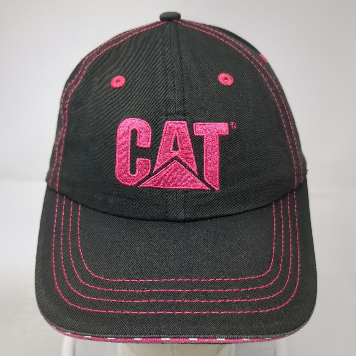 CAT Baseball Cap Black Pink OSFM Embroidered Logo Polka Dot Strap Stitching Hat