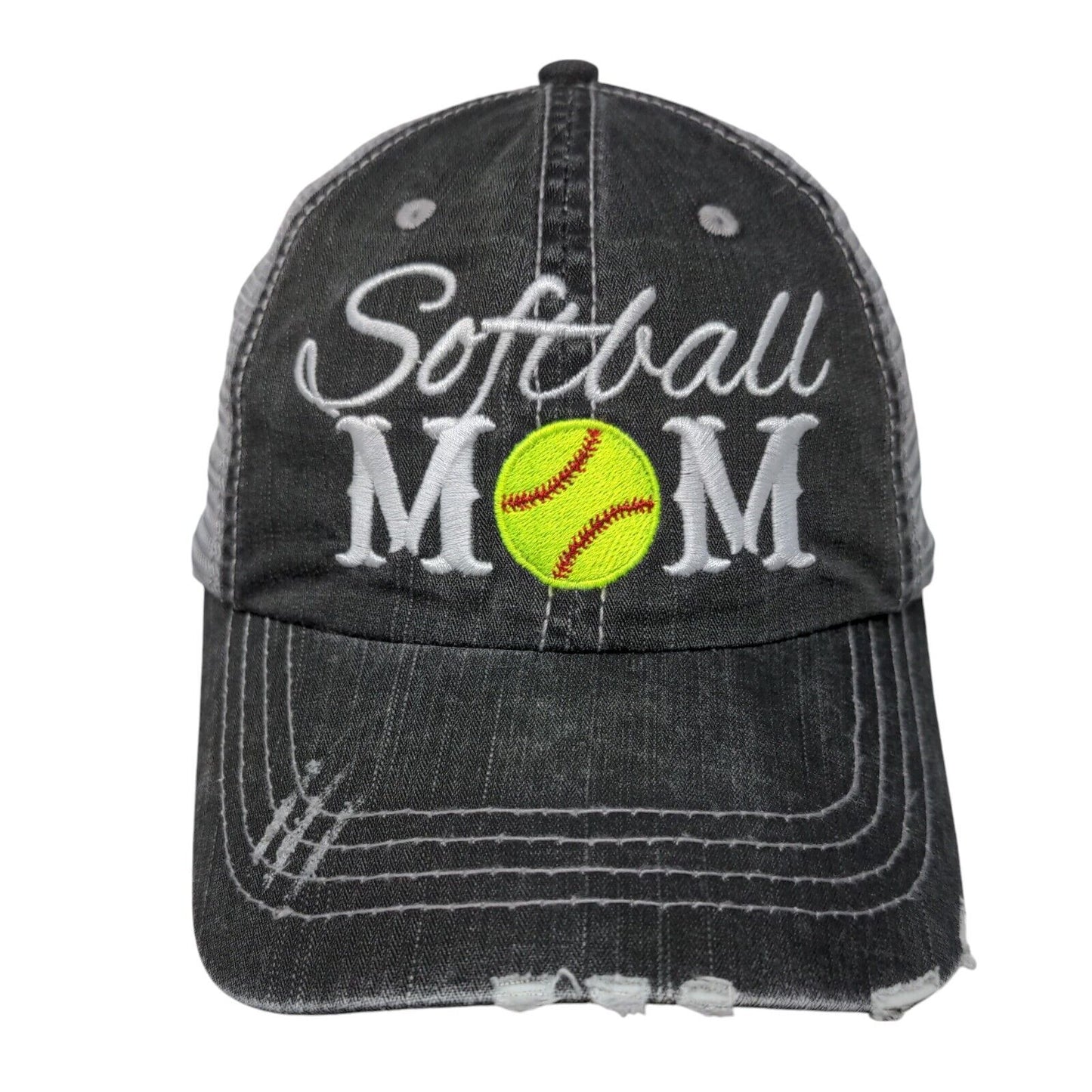 Softball Mom Strapback Trucker Hat Gray OSFA Adjustable Mesh Back Distressed