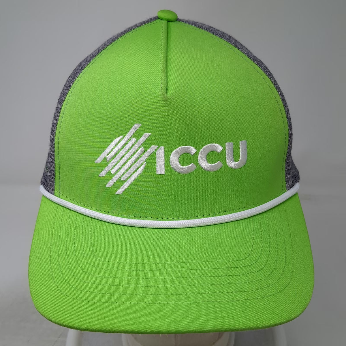 NameBrand Trucker Hat Green Gray One Size ICCU Logo Mesh Rope Snapback Cap