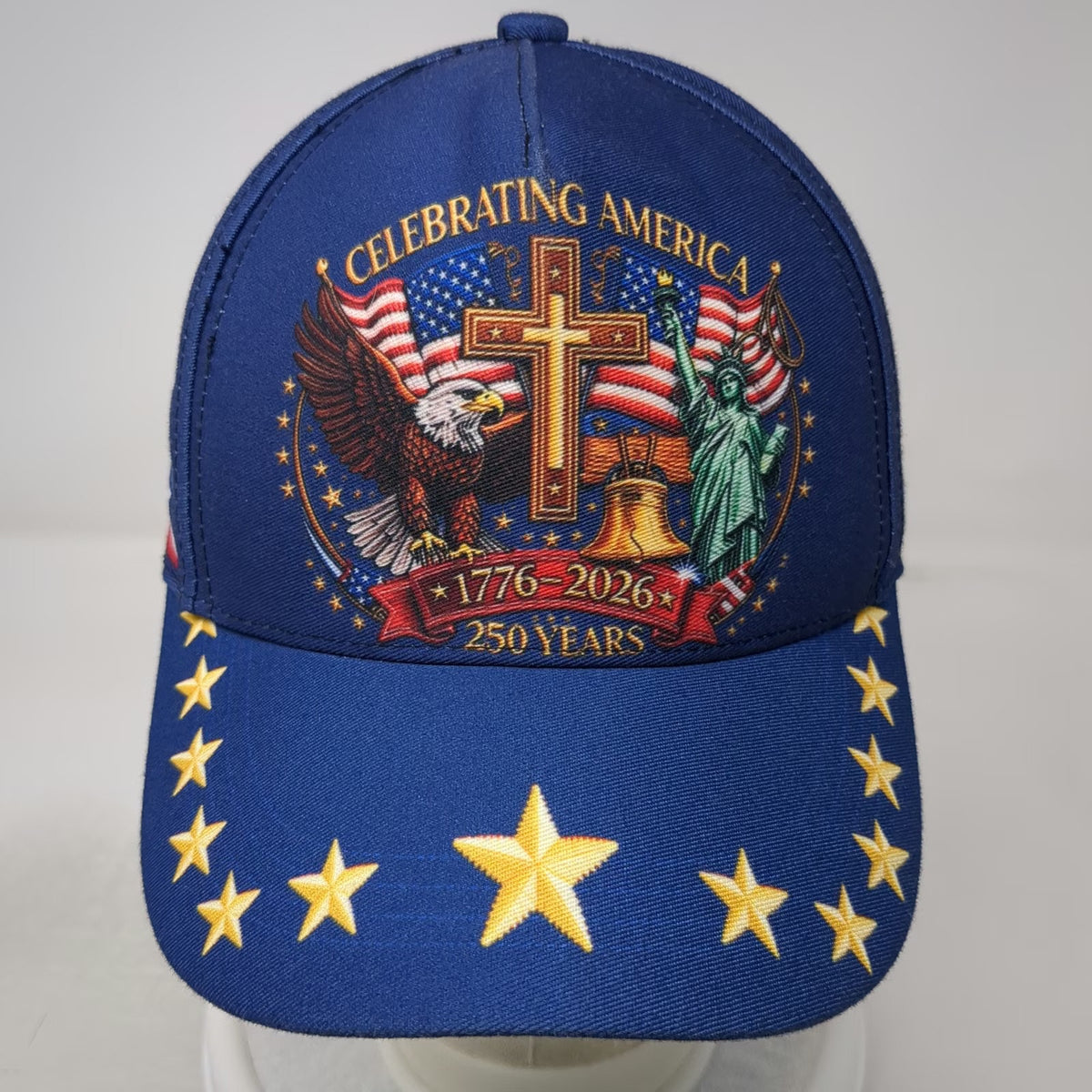 5 Panel Blue Hat One Size USA 250th Anniversary Patriotic Stars Side Flags