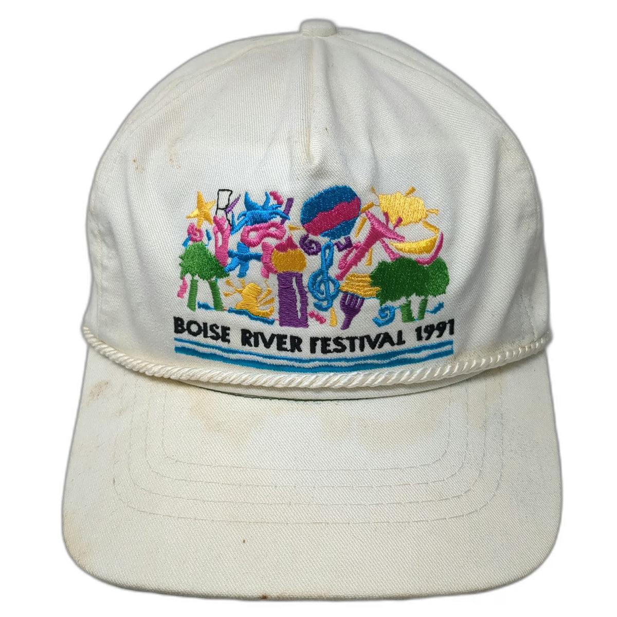 5 Panel White Boise River Festival 1991 Rope Slideback Made in USA Hat Vintage