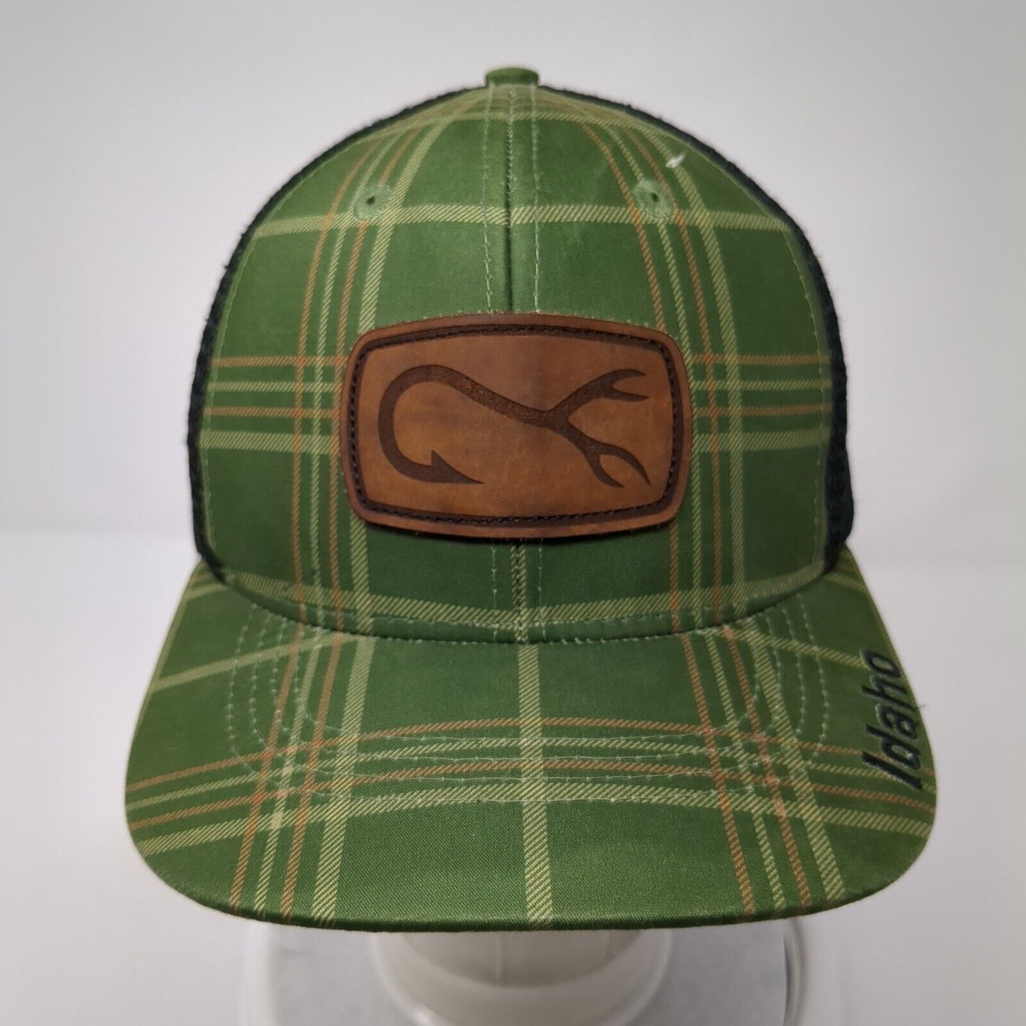 Idaho Snapback Mesh Back Trucker Hat Green One Size Leather Patch