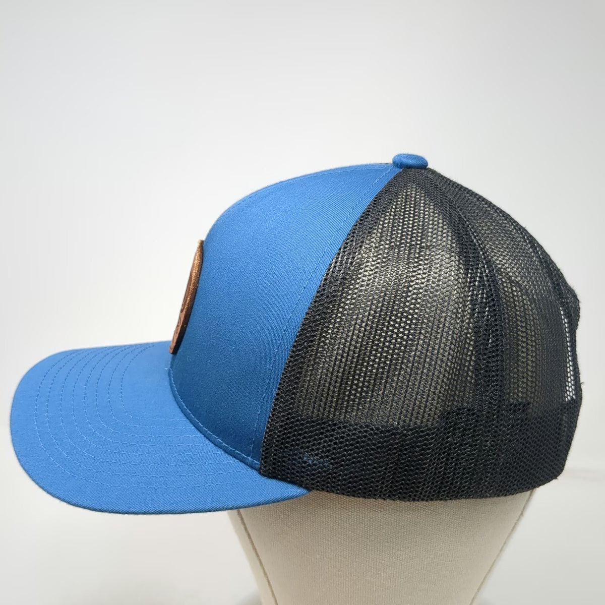 Pacific Headwear Trucker Hat Blue One Size Co-Energy Leather Patch Mesh Snapback