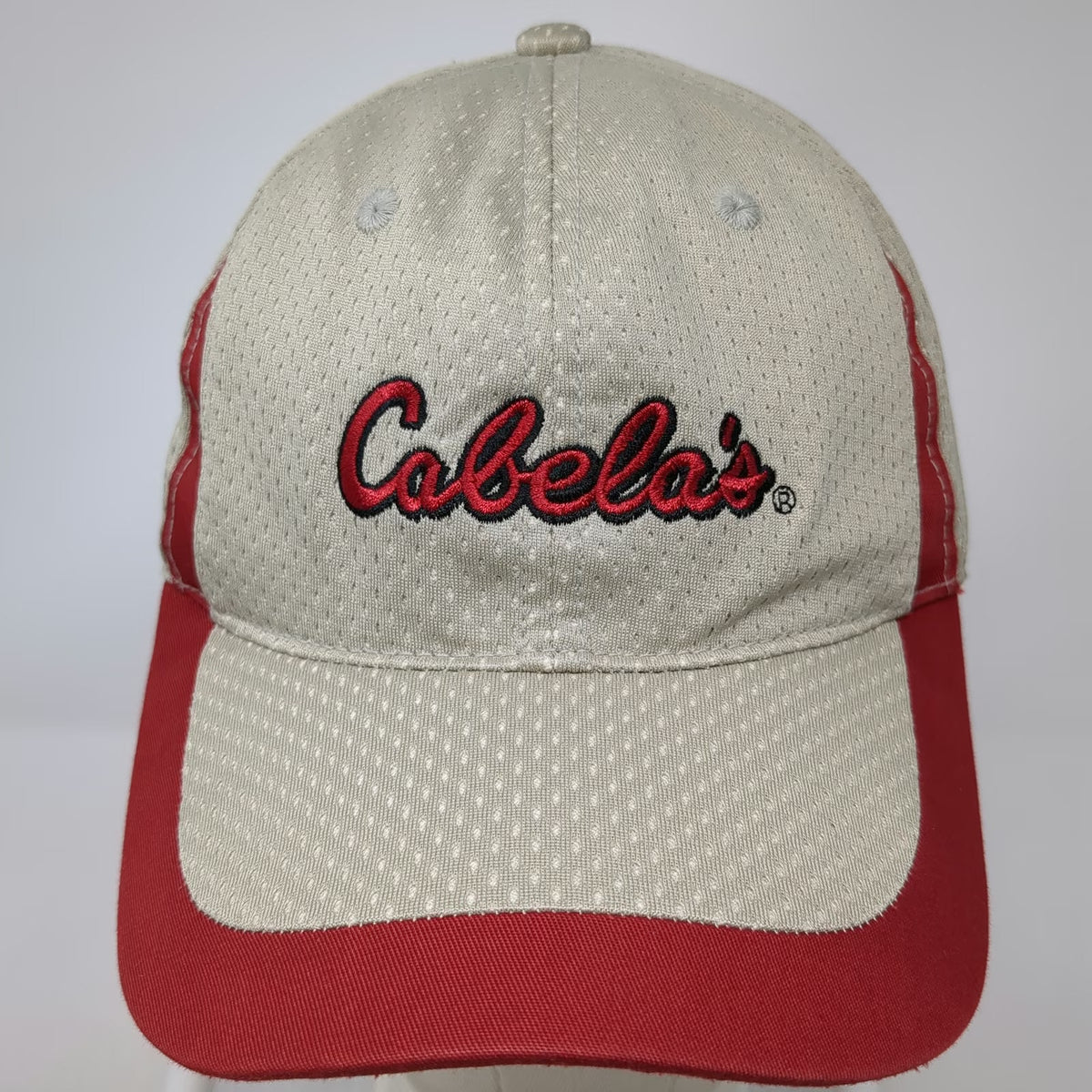 Cabela's Baseball Cap Beige Red Black One Size Mesh Strapback Hat Outdoor Logo
