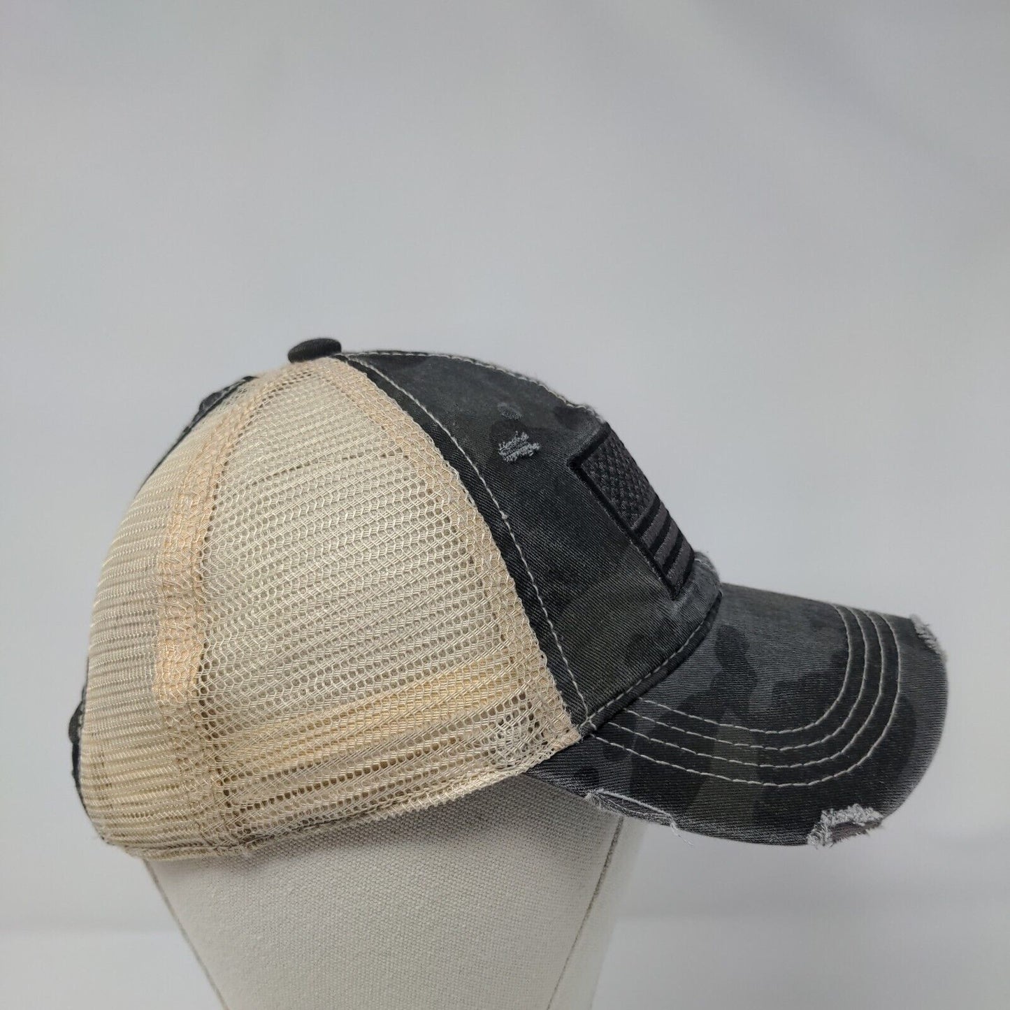 American Flag Ponyback Strapback Trucker Hat Camouflage OSFA Distressed C.C.