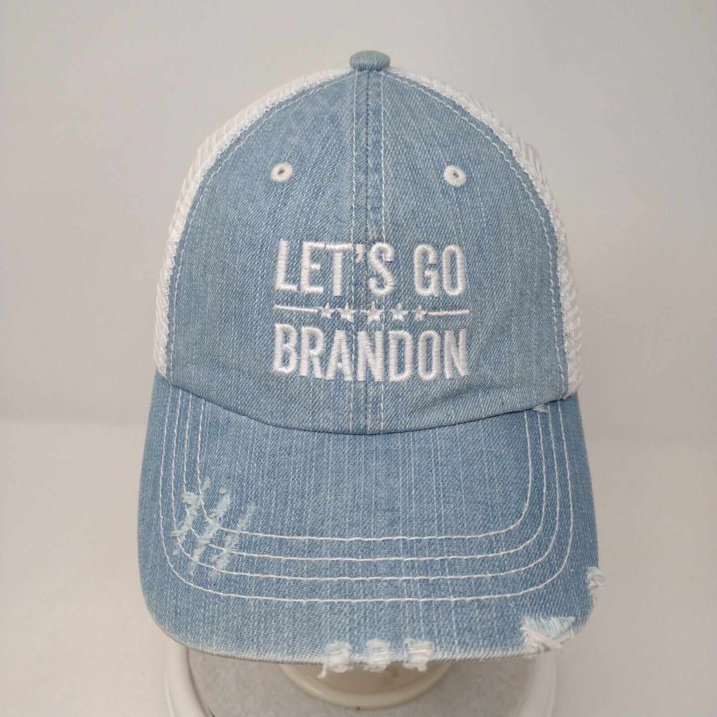 Let's Go Brandon Strapback Trucker Hat Blue OSFA Adjustable Distressed Mesh Back