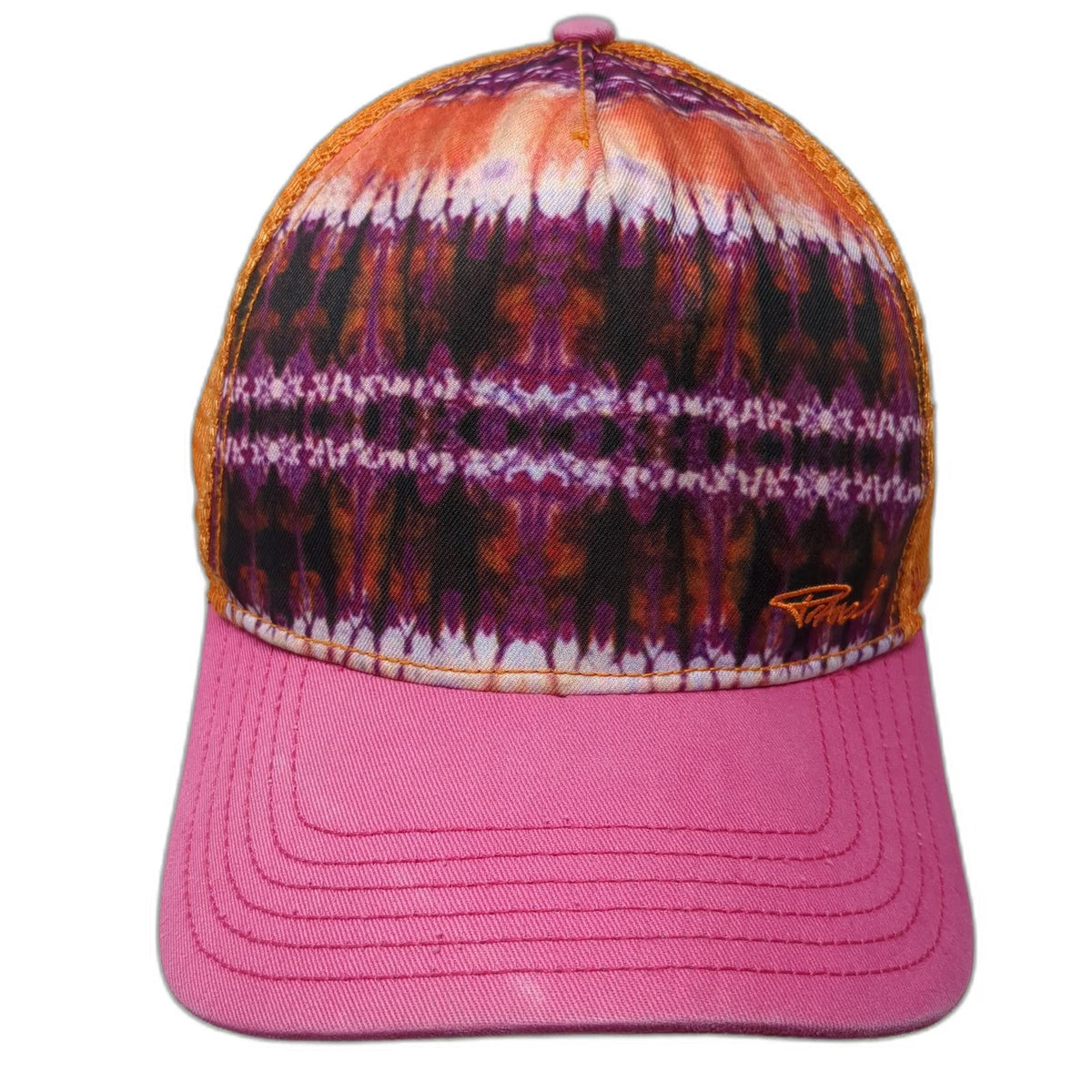 Prana Trucker Hat Orange Pink One Size Tie Dye Mesh Snapback Breathable Logo