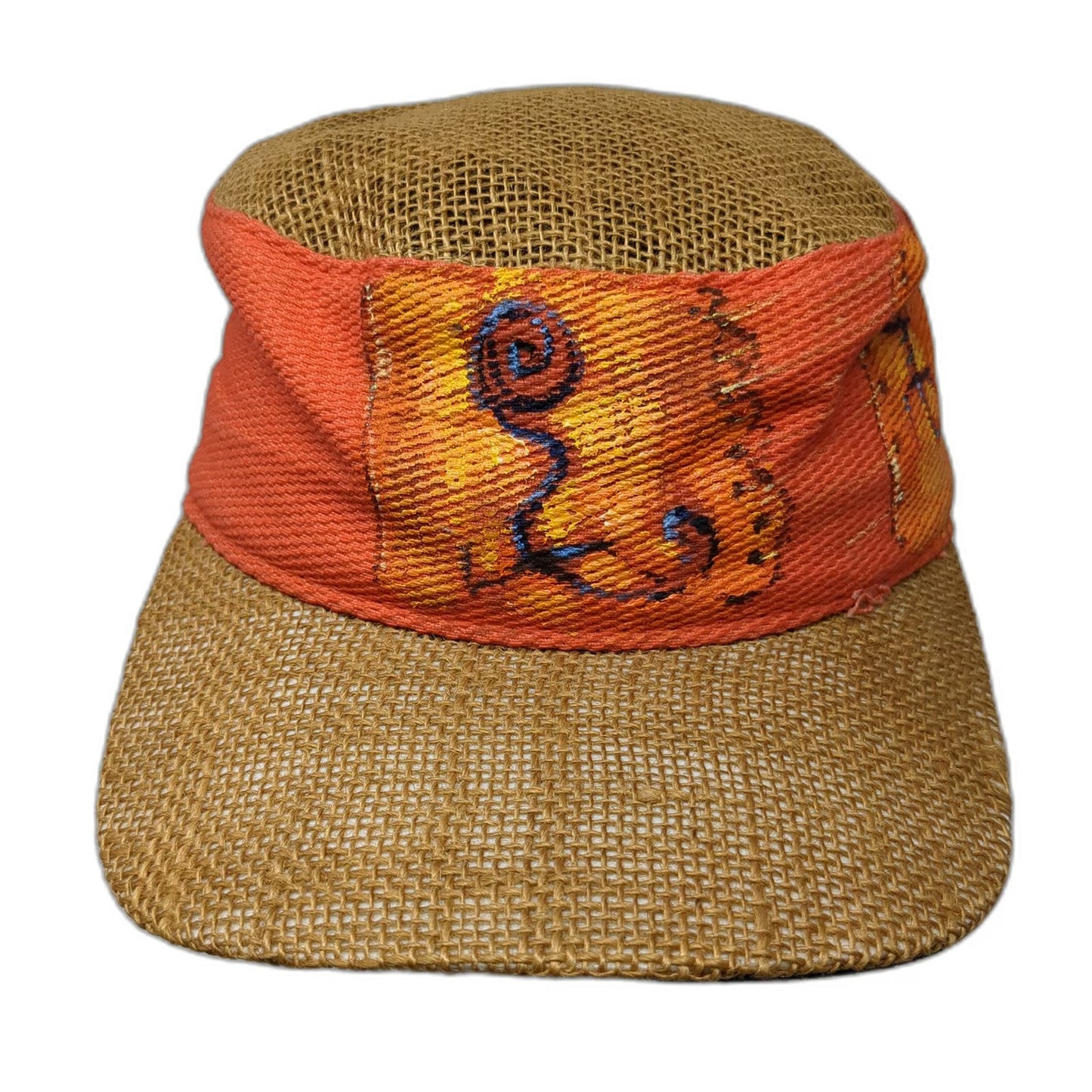 Army Cap Brown Orange One Size Straw Hat Hand Painted Graphics Boho Artisan