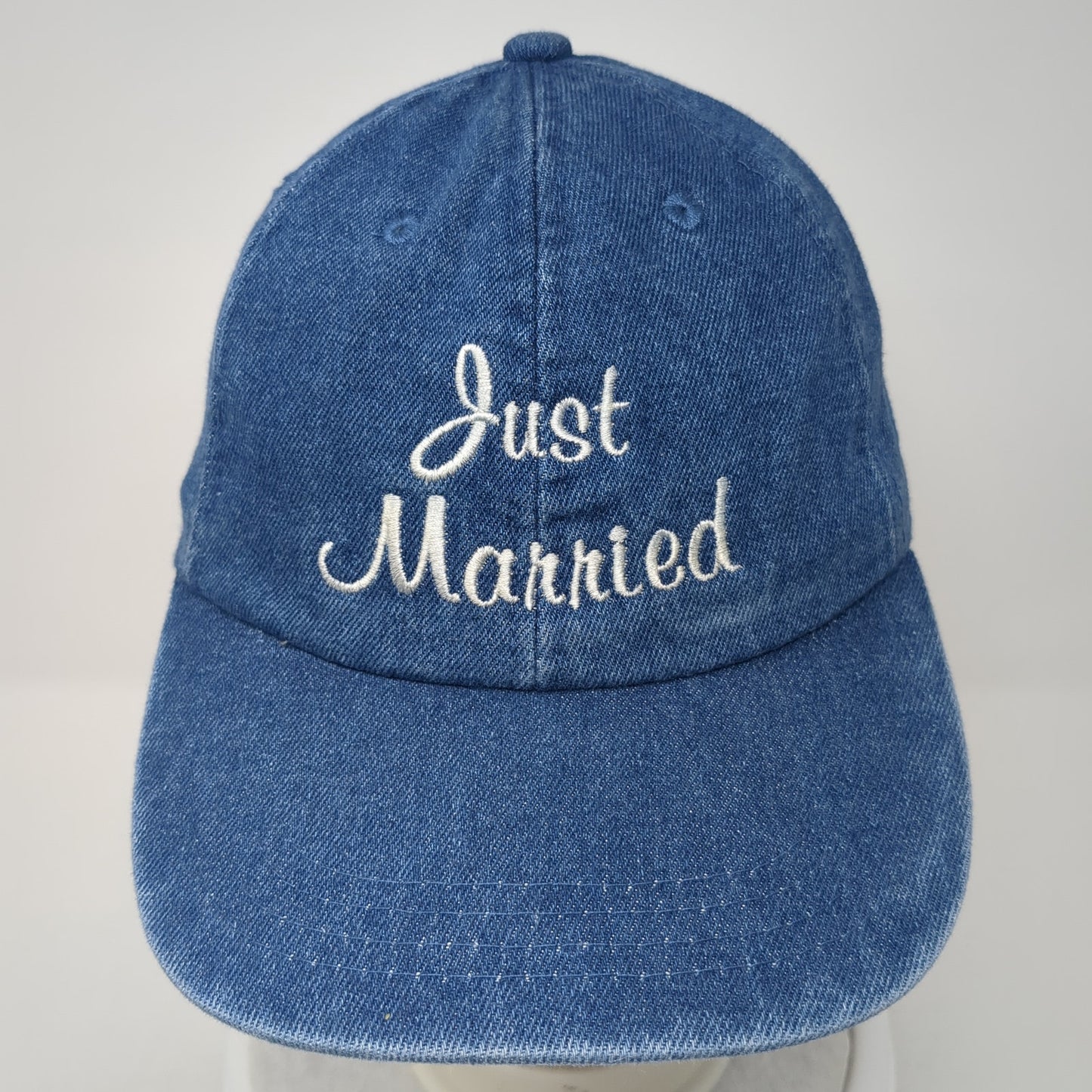 Just Married Slideback Hat Blue One Size Adjustable Embroidered Denim
