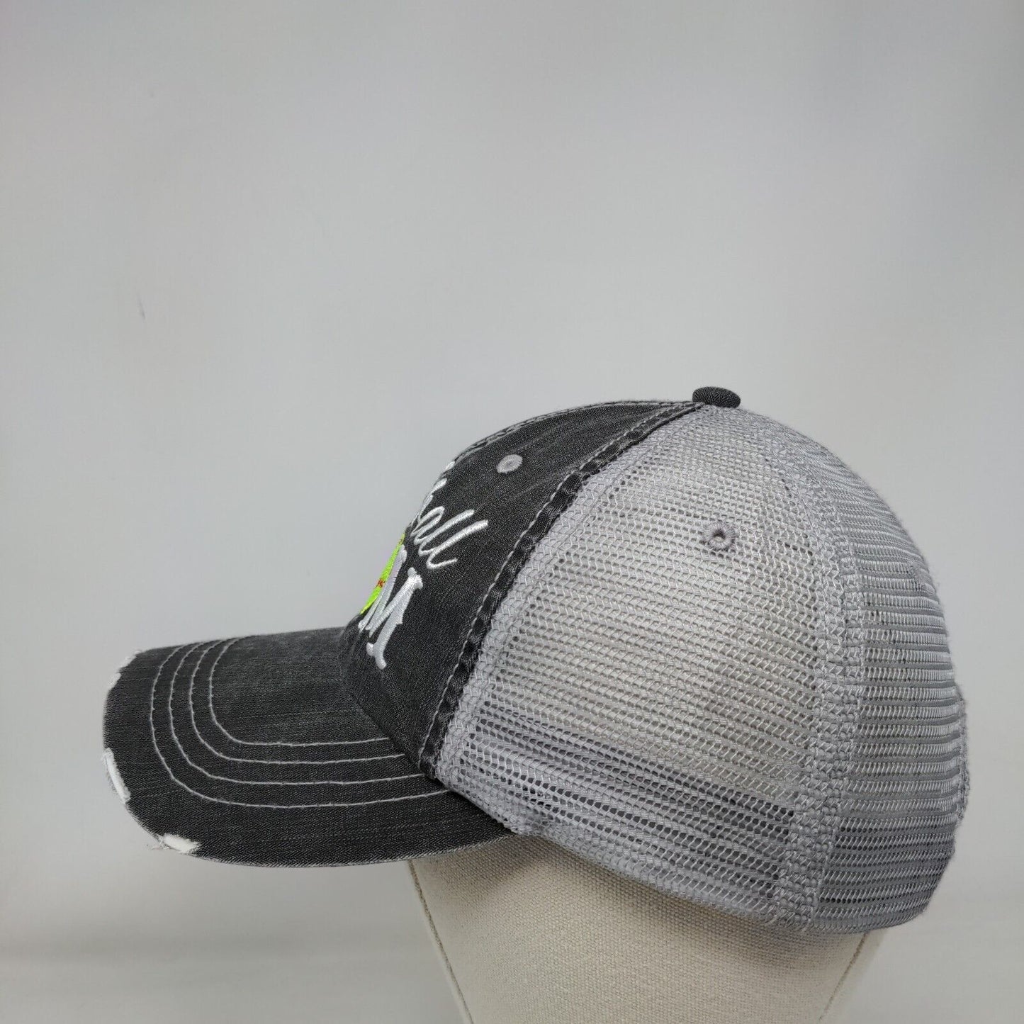 Softball Mom Strapback Trucker Hat Gray OSFA Adjustable Mesh Back Distressed