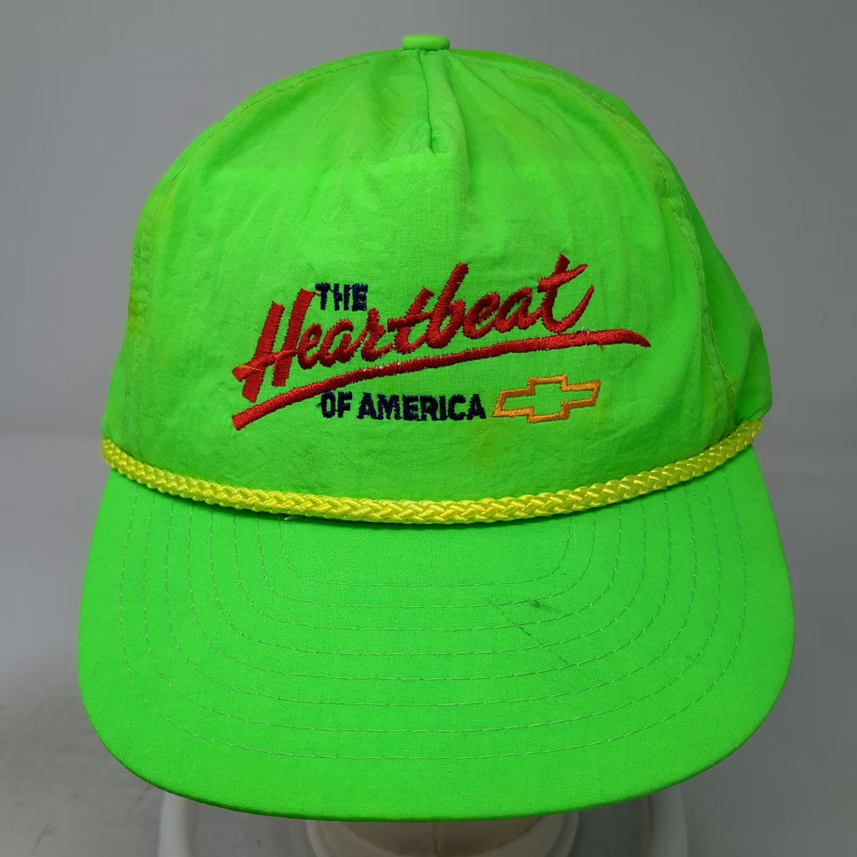 Nissin Cap Trucker Green Nylon Rope Heartbeat of America Chevy Logo Hat Vintage