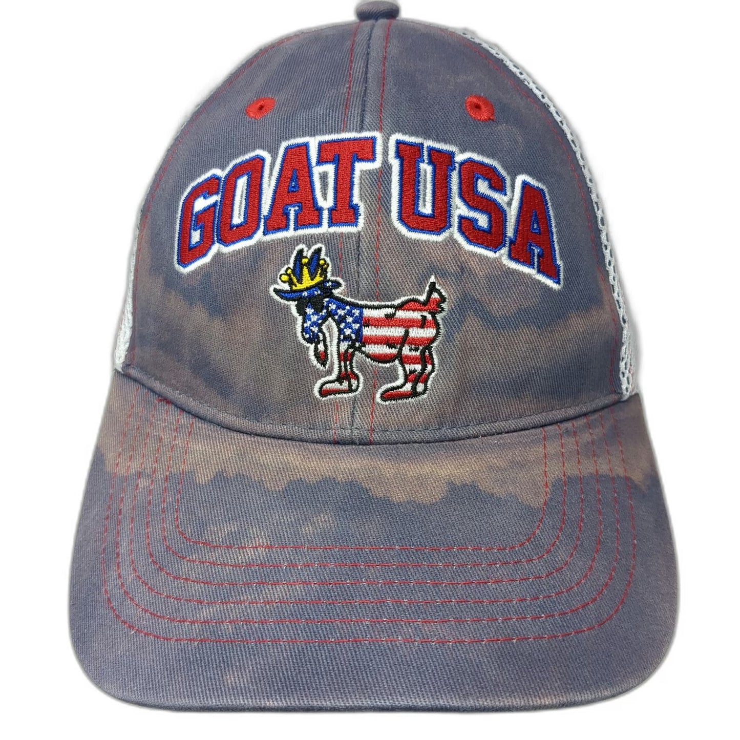 GOAT USA Trucker Hat Blue One Size Mesh Snapback American Flag Crown Logo Red