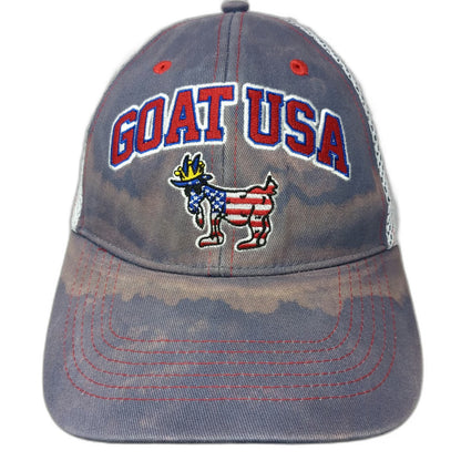 GOAT USA Trucker Hat Blue One Size Mesh Snapback American Flag Crown Logo Red