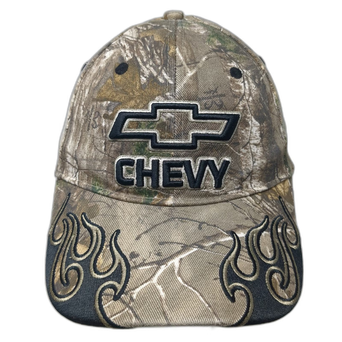 Signatures Chevy Baseball Cap Brown XL Camo Flames Bowtie Logo Stretch Fit Hat