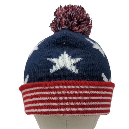 Old Navy Men's Knit Beanie Hat Red White Blue Size OS Patriotic Pom Pom