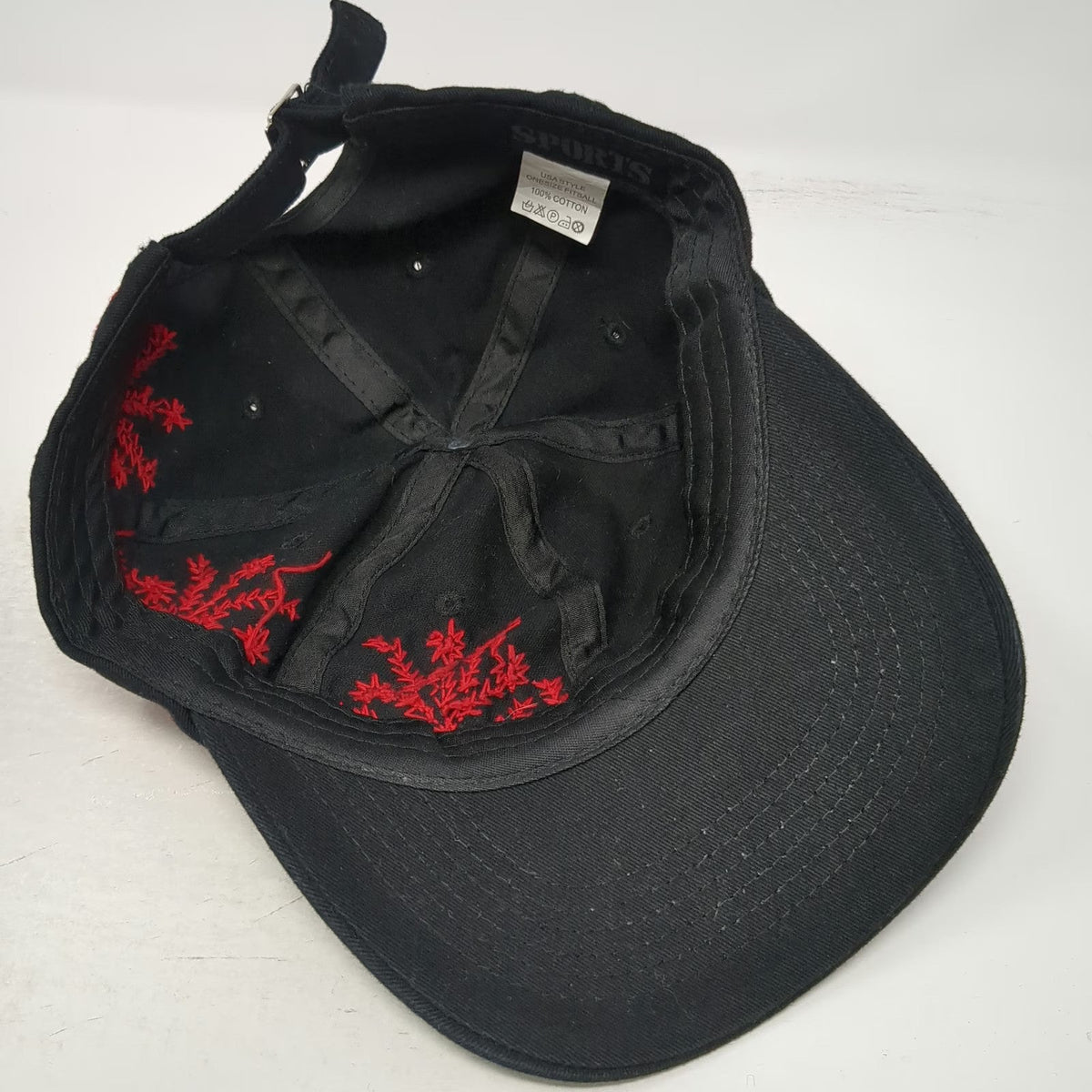 Sports Baseball Cap Black Red One Size Floral Embroidery Cotton Slideback Hat