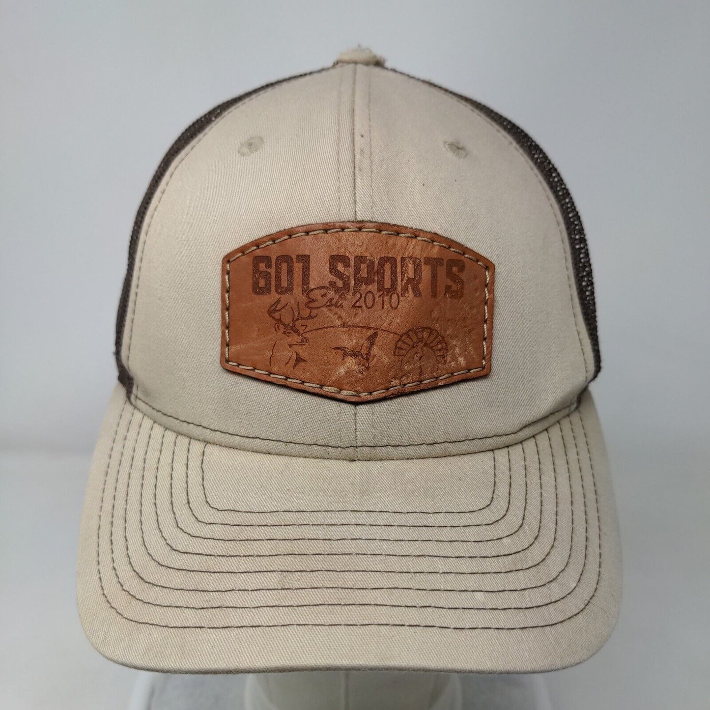607 Sports Snapback Mesh Back Trucker Hat Tan One Size Leather Patch