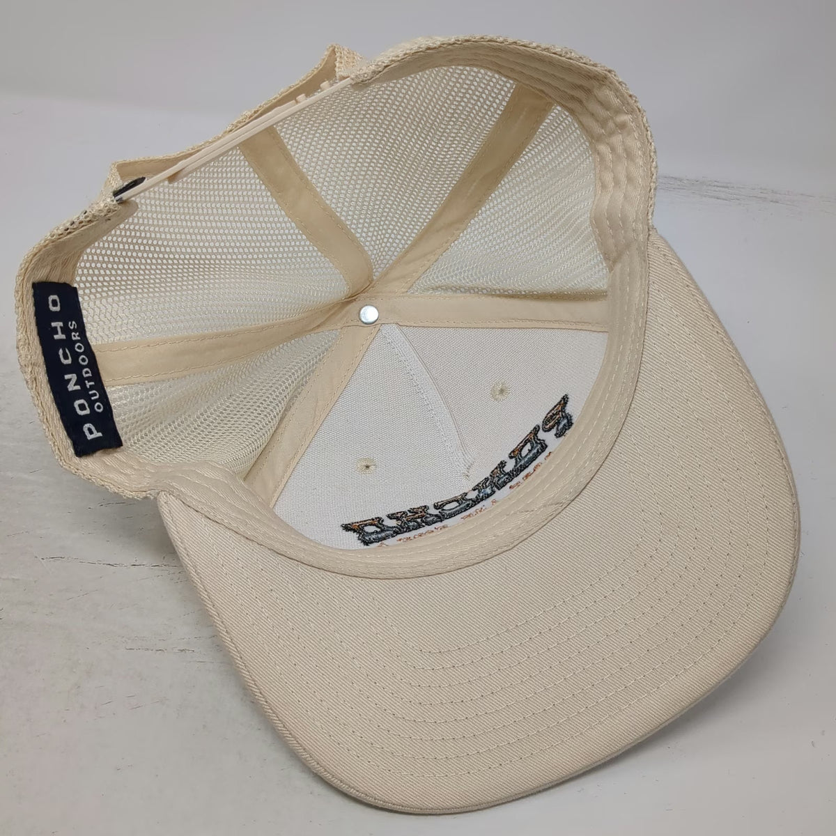 Poncho Outdoors Trucker Hat Beige One Size Mesh Back Blue Orange Rope and Ride