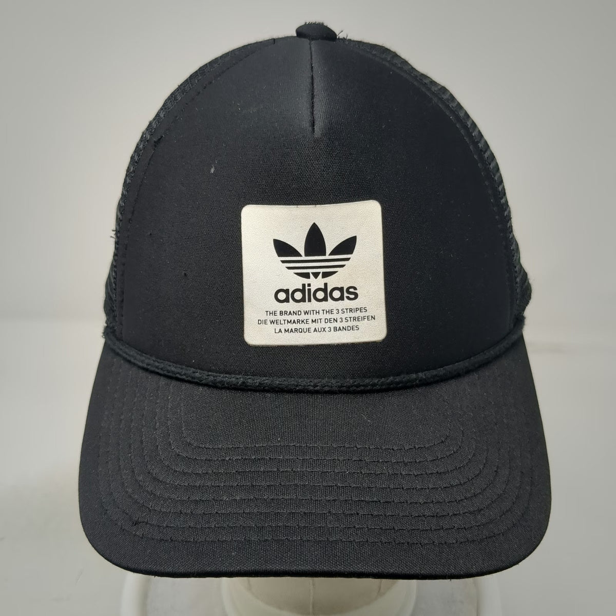 Adidas Trucker Hat Black OSFM Trefoil Logo Patch Rope Mesh Back Snapback Foam