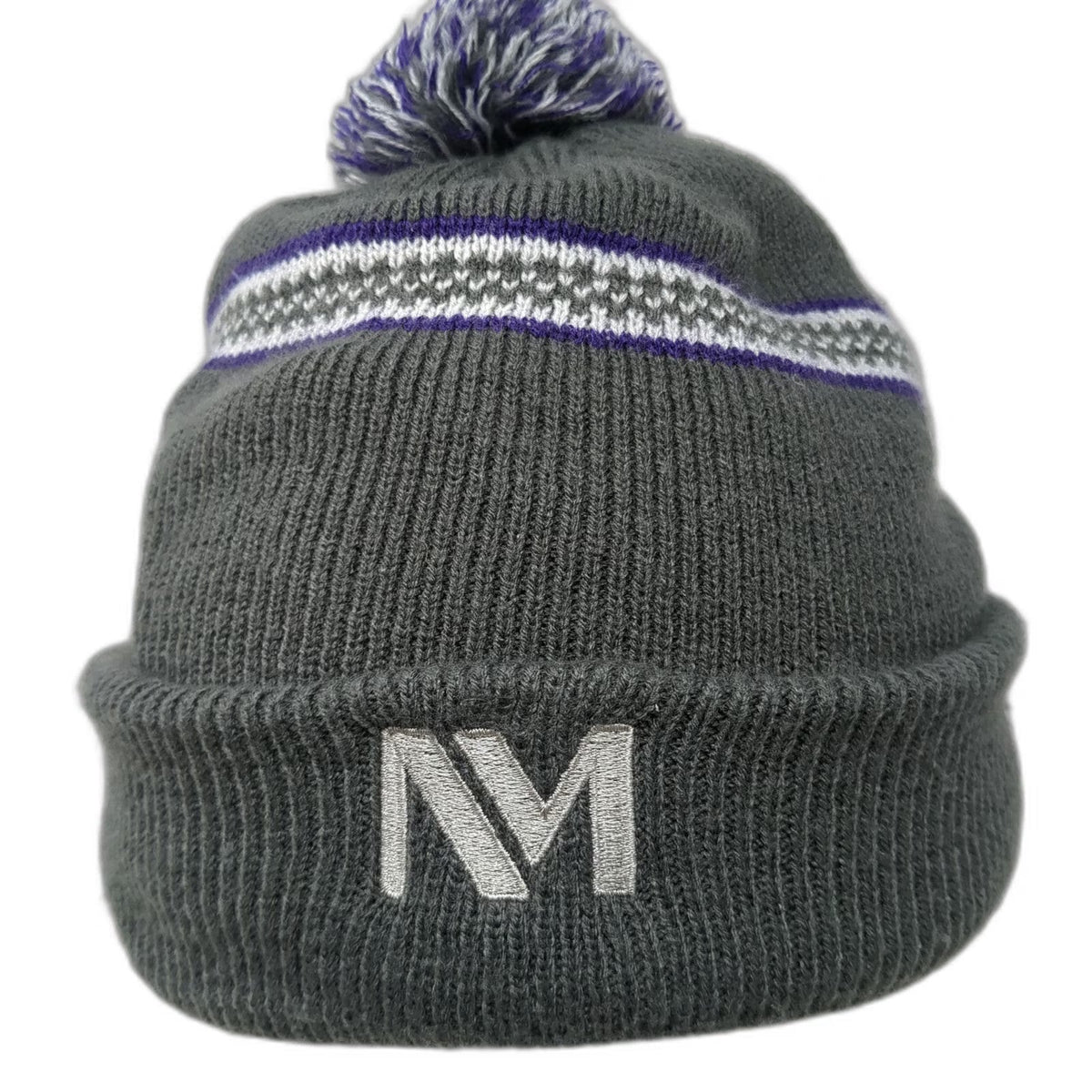 Indie Caps Beanie Gray One Size Pom Pom Fleece Lined M Logo Striped Knit Hat