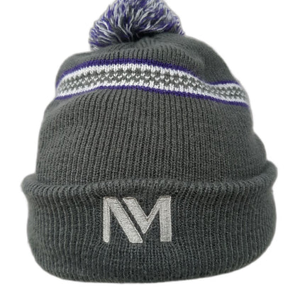 Indie Caps Beanie Gray One Size Pom Pom Fleece Lined M Logo Striped Knit Hat