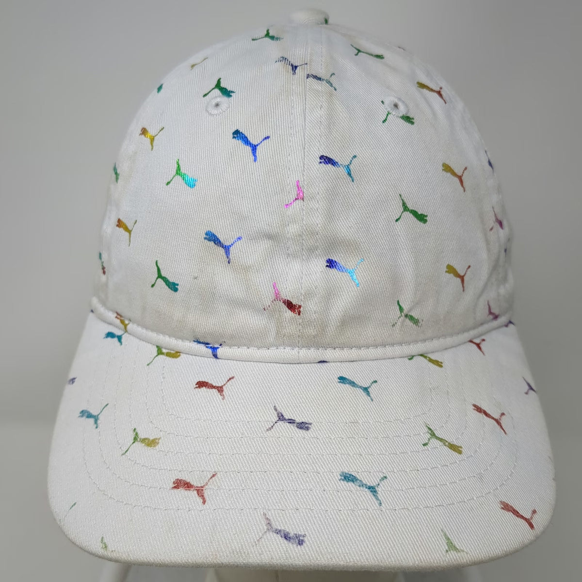 Puma Baseball Cap White One Size Iridescent Rainbow Mini Logo Print Hat Buckle