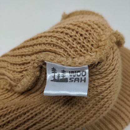 Woo Sah Beanie Hat Tan One Size Knitted Stretch Patch Logo Solid