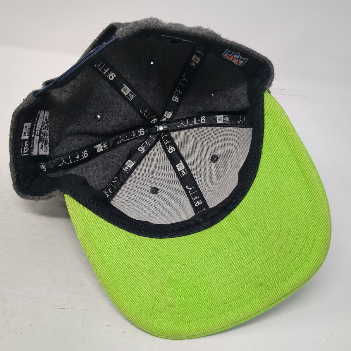 New Era Snapback Hat Gray Green L Seattle Seahawks NFL Flat Brim Wool 9FIFTY