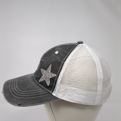 Bling Star Strapback Trucker Hat Gray One Size Adjustable Distressed Mesh Back