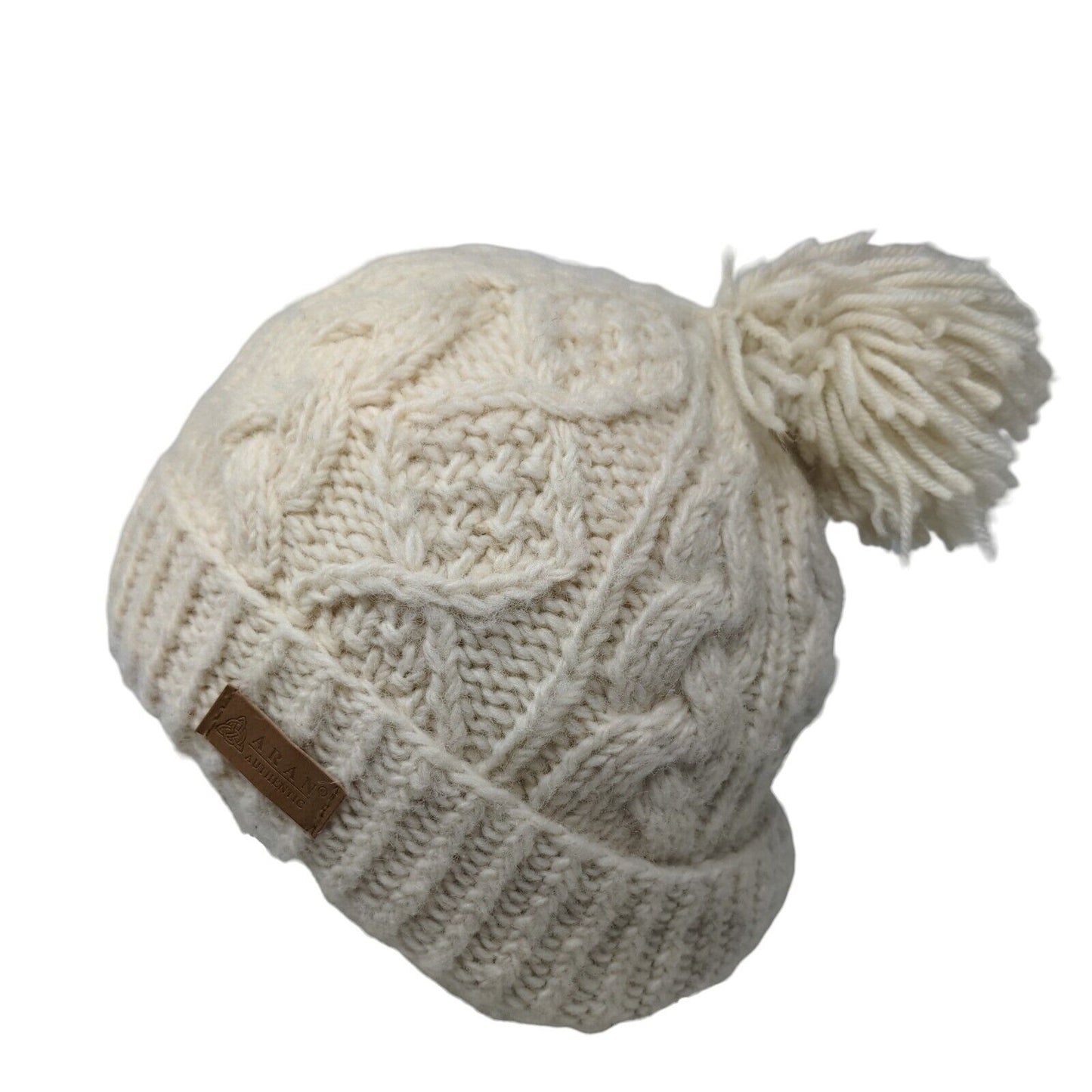 Aran Leather Patch Ribbed Cable Knit Pom Pom Beanie Hat Cream One Size