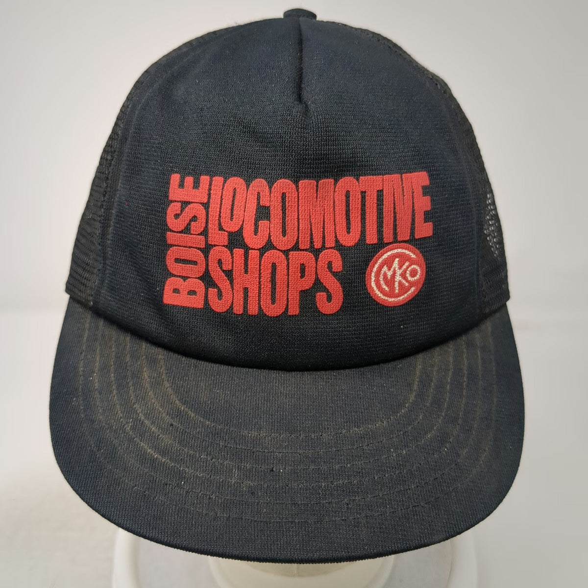 Crown Trucker Hat Black Boise Locomotive Shops MKO Mesh Snapback Cap Logo VTG