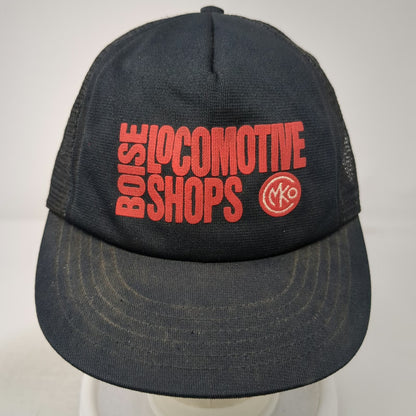 Crown Trucker Hat Black Boise Locomotive Shops MKO Mesh Snapback Cap Logo VTG