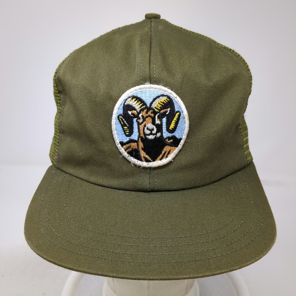 Green Trucker Hat Mesh Snapback Ram Animal Bighorn Sheep Patch Outdoor Vintage