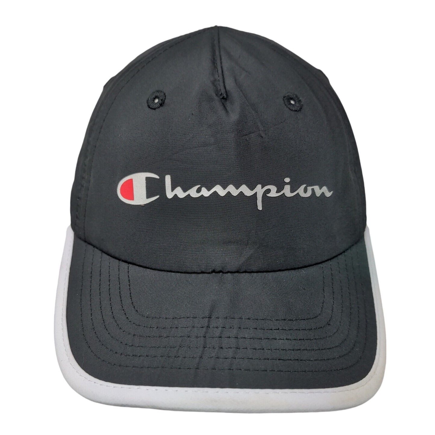 Champion Strapback Hat Black OSFA Adjustable Embroidered Vented Holes 6 Panel