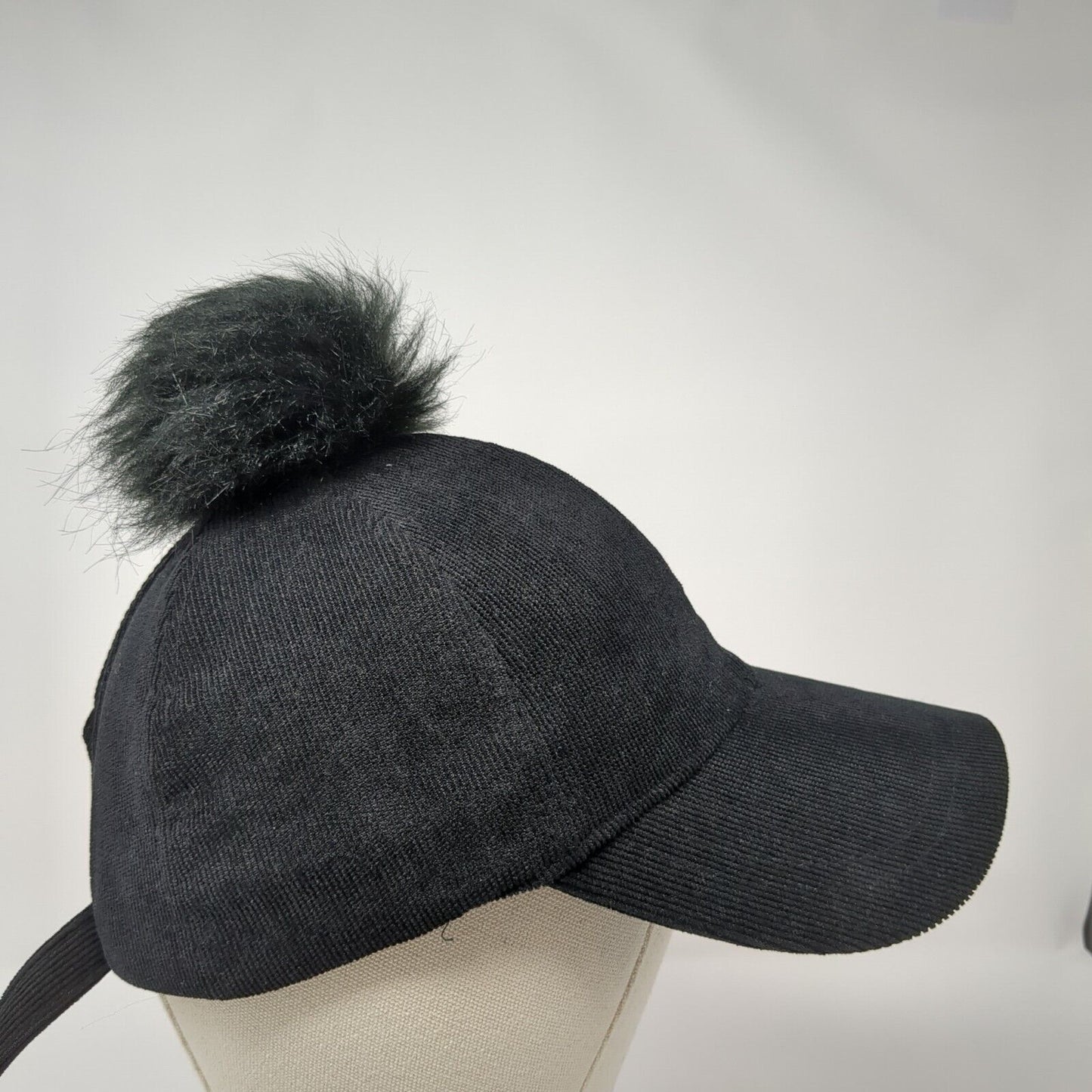 Unbranded Slideback Hat Black One Size Adjustable Solid Fur Pom Pom