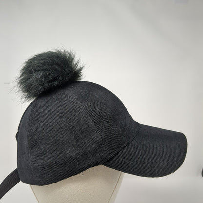Unbranded Slideback Hat Black One Size Adjustable Solid Fur Pom Pom