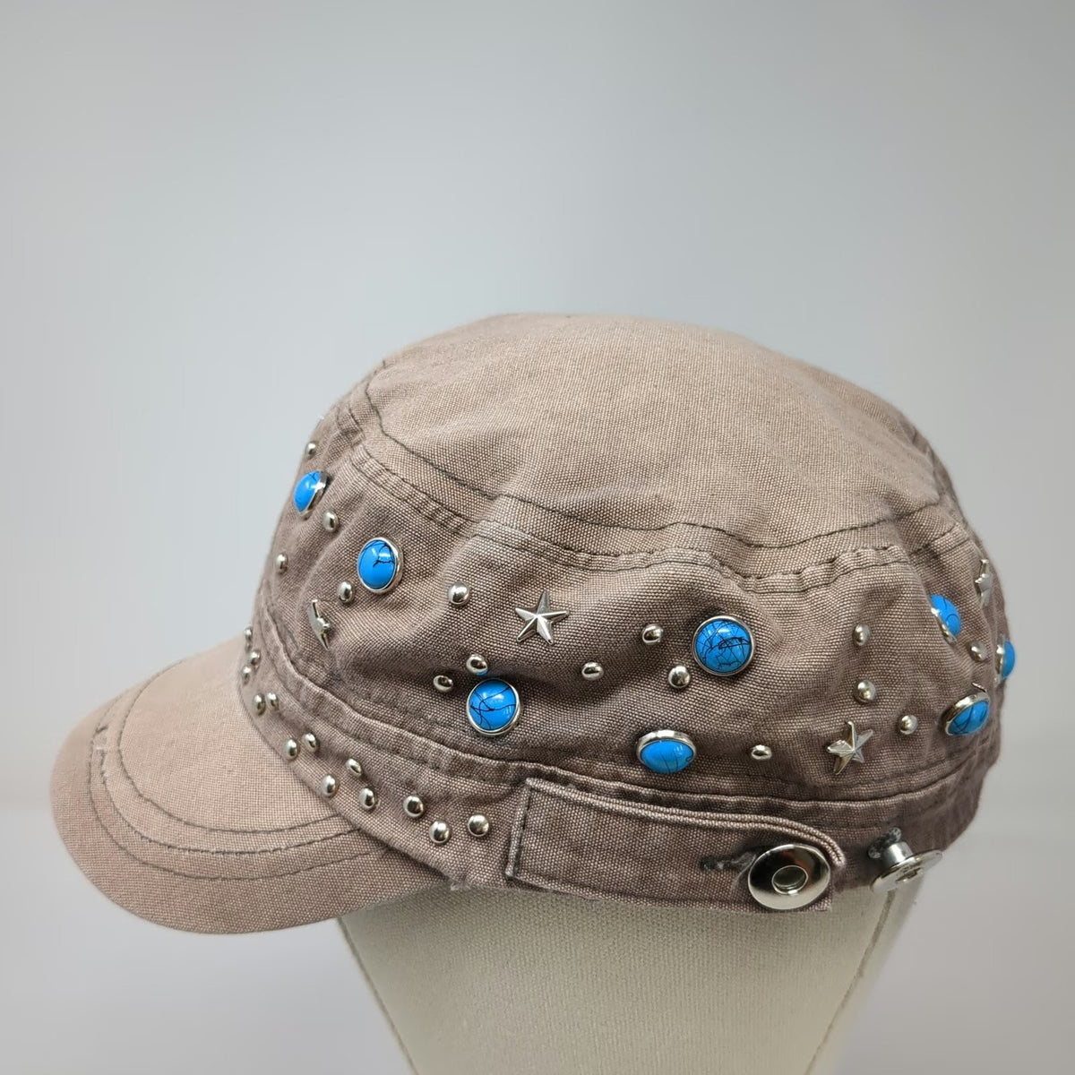 Brown Army Cap OSFM Studded Star Turquoise Embellished Cadet Cotton Hat Metal