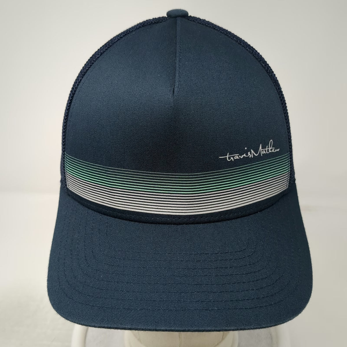 TravisMathew Trucker Hat Blue One Size Snapback Mesh Flexfit 110 Stripe Logo